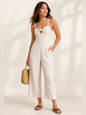 Old Navy Linen Blend Jumpsuit Large Tall Cream Smocked Back Tie Front